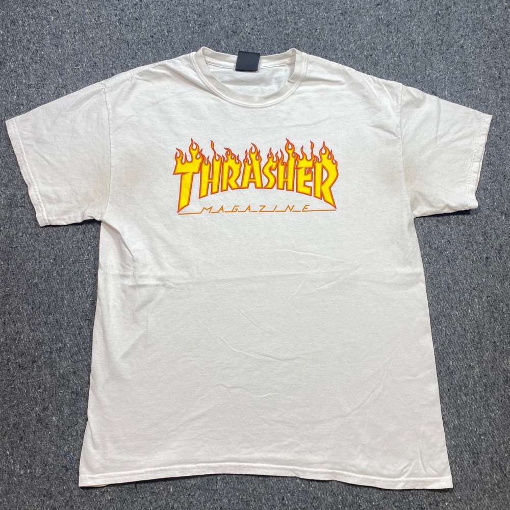 Thrasher Flame Logo‎ TShirt Sz L Mens White Skater Streetwear Graphic Tee